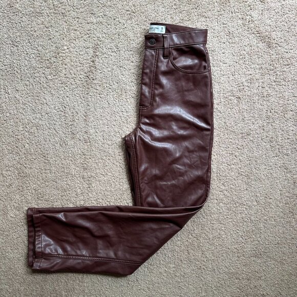 Abercrombie Pants Womens 2 26x30 Faux Leather 90s Straight High Rise Brown - Picture 1 of 13